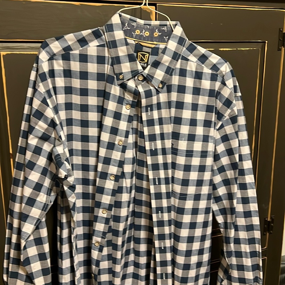 Noble outfitters, Xcel, western white and blue checkered collared shirt